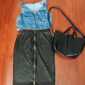 Pleather zip up front skirt